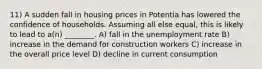 11) A sudden fall in housing prices in Potentia has lowered the confidence of households. Assuming all else equal, this is likely to lead to a(n) ________. A) fall in the unemployment rate B) increase in the demand for construction workers C) increase in the overall price level D) decline in current consumption