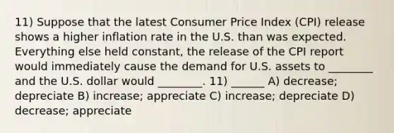 11) Suppose that the latest Consumer Price Index (CPI) release shows a higher inflation rate in the U.S. than was expected. Everything else held constant, the release of the CPI report would immediately cause the demand for U.S. assets to ________ and the U.S. dollar would ________. 11) ______ A) decrease; depreciate B) increase; appreciate C) increase; depreciate D) decrease; appreciate