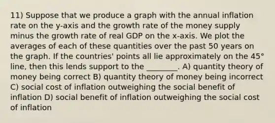 11) Suppose that we produce a graph with the annual inflation rate on the y-axis and the growth rate of the money supply minus the growth rate of real GDP on the x-axis. We plot the averages of each of these quantities over the past 50 years on the graph. If the countries' points all lie approximately on the 45° line, then this lends support to the ________. A) quantity theory of money being correct B) quantity theory of money being incorrect C) social cost of inflation outweighing the social benefit of inflation D) social benefit of inflation outweighing the social cost of inflation