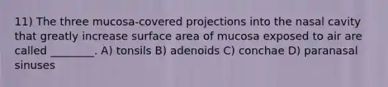 11) The three mucosa-covered projections into the nasal cavity that greatly increase surface area of mucosa exposed to air are called ________. A) tonsils B) adenoids C) conchae D) paranasal sinuses