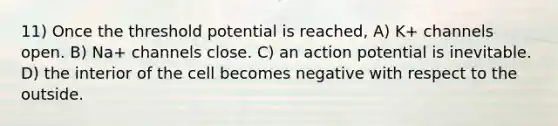 11) Once the threshold potential is reached, A) K+ channels open. B) Na+ channels close. C) an action potential is inevitable. D) the interior of the cell becomes negative with respect to the outside.