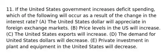 11. If the United States government increases deficit spending, which of the following will occur as a result of the change in the interest rate? (A) The United States dollar will appreciate in foreign exchange markets. (B) Price levels in the US will increase. (C) The United States exports will increase. (D) The demand for United States dollars will decrease. (E) Private investment in plant and equipment in the United States will decrease.