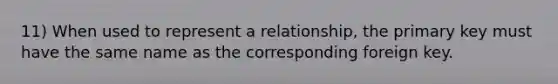 11) When used to represent a relationship, the primary key must have the same name as the corresponding foreign key.