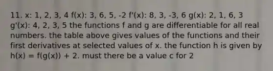 11. x: 1, 2, 3, 4 f(x): 3, 6, 5, -2 f'(x): 8, 3, -3, 6 g(x): 2, 1, 6, 3 g'(x): 4, 2, 3, 5 the functions f and g are differentiable for all real numbers. the table above gives values of the functions and their first derivatives at selected values of x. the function h is given by h(x) = f(g(x)) + 2. must there be a value c for 2<c<4 such that h'(c) = 1