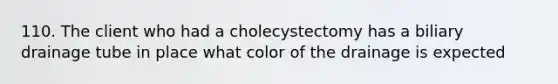 110. The client who had a cholecystectomy has a biliary drainage tube in place what color of the drainage is expected