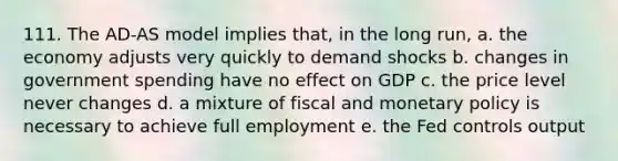 111. The AD-AS model implies that, in the long run, a. the economy adjusts very quickly to demand shocks b. changes in government spending have no effect on GDP c. the price level never changes d. a mixture of fiscal and monetary policy is necessary to achieve full employment e. the Fed controls output