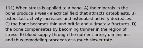 111) When stress is applied to a bone, A) the minerals in the bone produce a weak electrical field that attracts osteoblasts. B) osteoclast activity increases and osteoblast activity decreases. C) the bone becomes thin and brittle and ultimately fractures. D) the bone compensates by becoming thinner in the region of stress. E) blood supply through the nutrient artery diminishes and thus remodeling proceeds at a much slower rate.