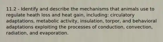 11.2 - Identify and describe the mechanisms that animals use to regulate heath loss and heat gain, including: circulatory adaptations, metabolic activity, insulation, torpor, and behavioral adaptations exploiting the processes of conduction, convection, radiation, and evaporation.