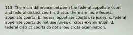 113) The main difference between the federal appellate court and federal district court is that a. there are more federal appellate courts. b. federal appellate courts use juries. c. federal appellate courts do not use juries or cross-examination. d. federal district courts do not allow cross-examination.