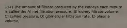 114) The amount of filtrate produced by the kidneys each minute is called the A) net filtration pressure. B) kidney filtrate volume. C) colloid pressure. D) glomerular filtration rate. E) plasma volume.