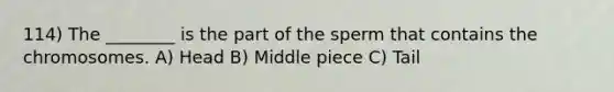 114) The ________ is the part of the sperm that contains the chromosomes. A) Head B) Middle piece C) Tail