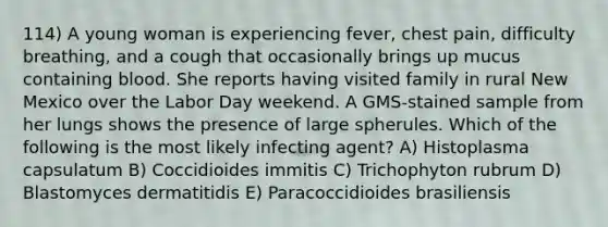 114) A young woman is experiencing fever, chest pain, difficulty breathing, and a cough that occasionally brings up mucus containing blood. She reports having visited family in rural New Mexico over the Labor Day weekend. A GMS-stained sample from her lungs shows the presence of large spherules. Which of the following is the most likely infecting agent? A) Histoplasma capsulatum B) Coccidioides immitis C) Trichophyton rubrum D) Blastomyces dermatitidis E) Paracoccidioides brasiliensis