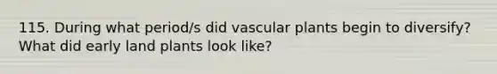 115. During what period/s did vascular plants begin to diversify? What did early land plants look like?