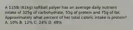 A 115lb (61kg) softball palyer has an average daily nutrient intake of 325g of carbohydrate, 55g of protein and 75g of fat. Approximately what percent of her total caloric intake is protein? A. 10% B. 12% C. 24% D. 48%