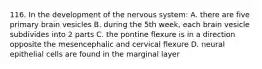 116. In the development of the nervous system: A. there are five primary brain vesicles B. during the 5th week, each brain vesicle subdivides into 2 parts C. the pontine flexure is in a direction opposite the mesencephalic and cervical flexure D. neural epithelial cells are found in the marginal layer