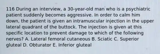 116 During an interview, a 30-year-old man who is a psychiatric patient suddenly becomes aggressive. In order to calm him down, the patient is given an intramuscular injection in the upper lateral quadrant of the buttock. The injection is given at this specific location to prevent damage to which of the following nerves? A. Lateral femoral cutaneous B. Sciatic C. Superior gluteal D. Obturator E. Inferior gluteal