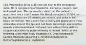 116. Paramedics bring a 41-year-old man to the emergency room. He is complaining of headache, dizziness, nausea, and abdominal pain. The paramedics state that the patient's apartment has a coal furnace. His blood pressure is 110/70 mm Hg, respirations are 20 breaths per minute, and pulse is 100 beats per minute. The patient has a cherry-red appearance most noticeable around the lips and nail beds. Neurologic examination reveals a disoriented and confused man without focal deficits. Oxygen saturation by pulse oximetry is normal. Which of the following is the most likely diagnosis? a. Drug overdose b. Carbon monoxide poisoning c. Alcohol intoxication d. Methemoglobinemia e. Dysbarism