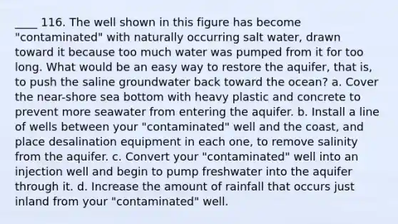 ____ 116. The well shown in this figure has become "contaminated" with naturally occurring salt water, drawn toward it because too much water was pumped from it for too long. What would be an easy way to restore the aquifer, that is, to push the saline groundwater back toward the ocean? a. Cover the near-shore sea bottom with heavy plastic and concrete to prevent more seawater from entering the aquifer. b. Install a line of wells between your "contaminated" well and the coast, and place desalination equipment in each one, to remove salinity from the aquifer. c. Convert your "contaminated" well into an injection well and begin to pump freshwater into the aquifer through it. d. Increase the amount of rainfall that occurs just inland from your "contaminated" well.