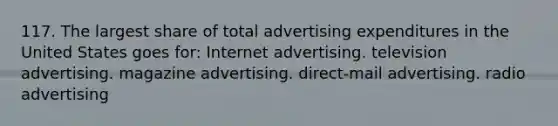 117. The largest share of total advertising expenditures in the United States goes for: Internet advertising. television advertising. magazine advertising. direct-mail advertising. radio advertising