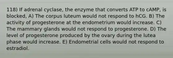 118) If adrenal cyclase, the enzyme that converts ATP to cAMP, is blocked, A) The corpus luteum would not respond to hCG. B) The activity of progesterone at the endometrium would increase. C) The mammary glands would not respond to progesterone. D) The level of progesterone produced by the ovary during the lutea phase would increase. E) Endometrial cells would not respond to estradiol.