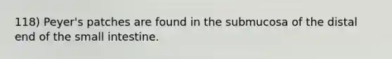 118) Peyer's patches are found in the submucosa of the distal end of <a href='https://www.questionai.com/knowledge/kt623fh5xn-the-small-intestine' class='anchor-knowledge'>the small intestine</a>.