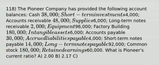 118) The Pioneer Company has provided the following account balances: Cash 38,000; Short-term investments4,000; Accounts receivable 48,000; Supplies6,000; Long-term <a href='https://www.questionai.com/knowledge/kNWH1Okbso-notes-receivable' class='anchor-knowledge'>notes receivable</a> 2,000; Equipment96,000; Factory Building 180,000; <a href='https://www.questionai.com/knowledge/kfaeAOzavC-intangible-assets' class='anchor-knowledge'>intangible assets</a>6,000; <a href='https://www.questionai.com/knowledge/kWc3IVgYEK-accounts-payable' class='anchor-knowledge'>accounts payable</a> 30,000; Accrued liabilities payable4,000; Short-term notes payable 14,000; Long-term notes payable92,000; Common stock 180,000; Retained earnings60,000. What is Pioneer's current ratio? A) 2.00 B) 2.17 C)