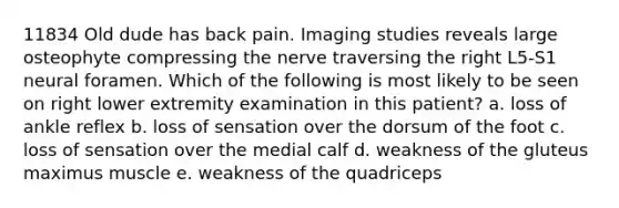 11834 Old dude has back pain. Imaging studies reveals large osteophyte compressing the nerve traversing the right L5-S1 neural foramen. Which of the following is most likely to be seen on right lower extremity examination in this patient? a. loss of ankle reflex b. loss of sensation over the dorsum of the foot c. loss of sensation over the medial calf d. weakness of the gluteus maximus muscle e. weakness of the quadriceps