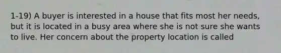 1-19) A buyer is interested in a house that fits most her needs, but it is located in a busy area where she is not sure she wants to live. Her concern about the property location is called