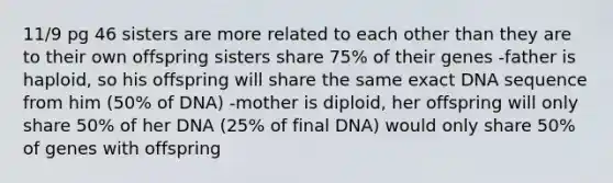 11/9 pg 46 sisters are more related to each other than they are to their own offspring sisters share 75% of their genes -father is haploid, so his offspring will share the same exact DNA sequence from him (50% of DNA) -mother is diploid, her offspring will only share 50% of her DNA (25% of final DNA) would only share 50% of genes with offspring