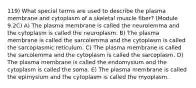 119) What special terms are used to describe the plasma membrane and cytoplasm of a skeletal muscle fiber? (Module 9.2C) A) The plasma membrane is called the neurolemma and the cytoplasm is called the neuroplasm. B) The plasma membrane is called the sarcolemma and the cytoplasm is called the sarcoplasmic reticulum. C) The plasma membrane is called the sarcolemma and the cytoplasm is called the sarcoplasm. D) The plasma membrane is called the endomysium and the cytoplasm is called the soma. E) The plasma membrane is called the epimysium and the cytoplasm is called the myoplasm.