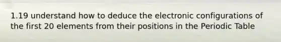 1.19 understand how to deduce the electronic configurations of the first 20 elements from their positions in the Periodic Table