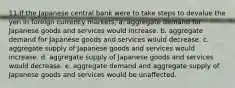 11.If the Japanese central bank were to take steps to devalue the yen in foreign currency markets, a. aggregate demand for Japanese goods and services would increase. b. aggregate demand for Japanese goods and services would decrease. c. aggregate supply of Japanese goods and services would increase. d. aggregate supply of Japanese goods and services would decrease. e. aggregate demand and aggregate supply of Japanese goods and services would be unaffected.