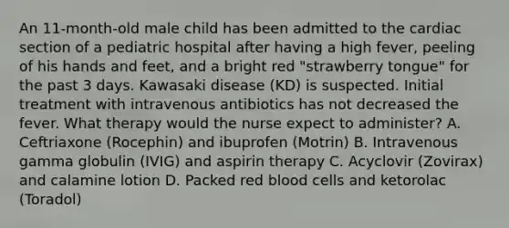 An 11-month-old male child has been admitted to the cardiac section of a pediatric hospital after having a high fever, peeling of his hands and feet, and a bright red "strawberry tongue" for the past 3 days. Kawasaki disease (KD) is suspected. Initial treatment with intravenous antibiotics has not decreased the fever. What therapy would the nurse expect to administer? A. Ceftriaxone (Rocephin) and ibuprofen (Motrin) B. Intravenous gamma globulin (IVIG) and aspirin therapy C. Acyclovir (Zovirax) and calamine lotion D. Packed red blood cells and ketorolac (Toradol)