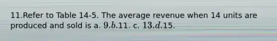 11.Refer to Table 14‐5. The average revenue when 14 units are produced and sold is a. 9. b.11. c. 13. d.15.