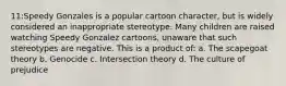 11:Speedy Gonzales is a popular cartoon character, but is widely considered an inappropriate stereotype. Many children are raised watching Speedy Gonzalez cartoons, unaware that such stereotypes are negative. This is a product of: a. The scapegoat theory b. Genocide c. Intersection theory d. The culture of prejudice