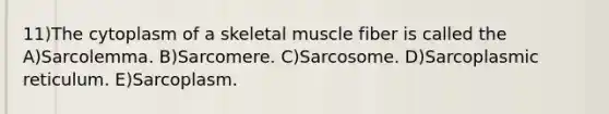 11)The cytoplasm of a skeletal muscle fiber is called the A)Sarcolemma. B)Sarcomere. C)Sarcosome. D)Sarcoplasmic reticulum. E)Sarcoplasm.