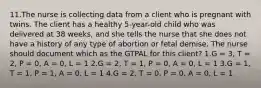 11.The nurse is collecting data from a client who is pregnant with twins. The client has a healthy 5-year-old child who was delivered at 38 weeks, and she tells the nurse that she does not have a history of any type of abortion or fetal demise. The nurse should document which as the GTPAL for this client? 1.G = 3, T = 2, P = 0, A = 0, L = 1 2.G = 2, T = 1, P = 0, A = 0, L = 1 3.G = 1, T = 1, P = 1, A = 0, L = 1 4.G = 2, T = 0, P = 0, A = 0, L = 1