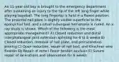 An 11-year-old boy is brought to the emergency department after sustaining an injury to the tip of the left long finger while playing baseball. The long fingertip is held in a flexed position. The proximal nail plate is slightly visible superficial to the eponychial fold, and a small subungual hematoma is noted. An x-ray study is shown. Which of the following is the most appropriate management? A) Closed reduction and distal interphalangeal joint extension splinting for 6 to 8 weeks B) Closed reduction, removal of nail plate, and percutaneous pinning C) Open reduction, repair of nail bed, and Kirschner wire fixation D) Repair of zone I flexor tendon avulsion E) Suture repair of lacerations and observation for 6 weeks