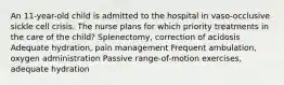 An 11-year-old child is admitted to the hospital in vaso-occlusive sickle cell crisis. The nurse plans for which priority treatments in the care of the child? Splenectomy, correction of acidosis Adequate hydration, pain management Frequent ambulation, oxygen administration Passive range-of-motion exercises, adequate hydration