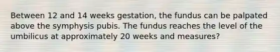 Between 12 and 14 weeks gestation, the fundus can be palpated above the symphysis pubis. The fundus reaches the level of the umbilicus at approximately 20 weeks and measures?