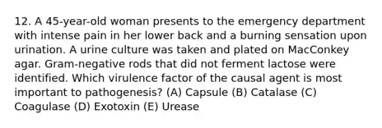 12. A 45-year-old woman presents to the emergency department with intense pain in her lower back and a burning sensation upon urination. A urine culture was taken and plated on MacConkey agar. Gram-negative rods that did not ferment lactose were identified. Which virulence factor of the causal agent is most important to pathogenesis? (A) Capsule (B) Catalase (C) Coagulase (D) Exotoxin (E) Urease