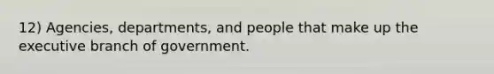 12) Agencies, departments, and people that make up <a href='https://www.questionai.com/knowledge/kBllUhZHhd-the-executive-branch' class='anchor-knowledge'>the executive branch</a> of government.