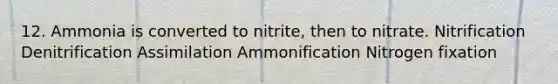 12. Ammonia is converted to nitrite, then to nitrate. Nitrification Denitrification Assimilation Ammonification Nitrogen fixation