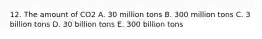 12. The amount of CO2 A. 30 million tons B. 300 million tons C. 3 billion tons D. 30 billion tons E. 300 billion tons