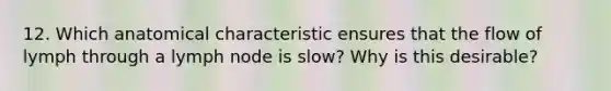 12. Which anatomical characteristic ensures that the flow of lymph through a lymph node is slow? Why is this desirable?