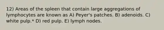 12) Areas of the spleen that contain large aggregations of lymphocytes are known as A) Peyer's patches. B) adenoids. C) white pulp.* D) red pulp. E) lymph nodes.