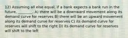 12) Assuming all else equal, if a bank expects a bank run in the future, ________. A) there will be a downward movement along its demand curve for reserves B) there will be an upward movement along its demand curve for reserves C) its demand curve for reserves will shift to the right D) its demand curve for reserves will shift to the left