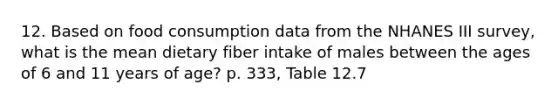 12. Based on food consumption data from the NHANES III survey, what is the mean dietary fiber intake of males between the ages of 6 and 11 years of age? p. 333, Table 12.7