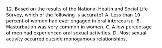 12. Based on the results of the National Health and Social Life Survey, which of the following is accurate? A. Less than 10 percent of women had ever engaged in oral intercourse. B. Masturbation was very common in women. C. A low percentage of men had experienced oral sexual activities. D. Most sexual activity occurred outside monogamous relationships.