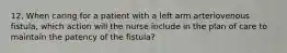 12. When caring for a patient with a left arm arteriovenous fistula, which action will the nurse include in the plan of care to maintain the patency of the fistula?